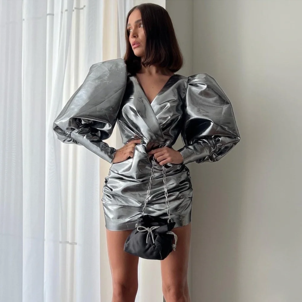 NWT River Island Metallic Silver Balloon Sleeves Bodycon Mini Dress Size 8 US - Picture 7 of 14